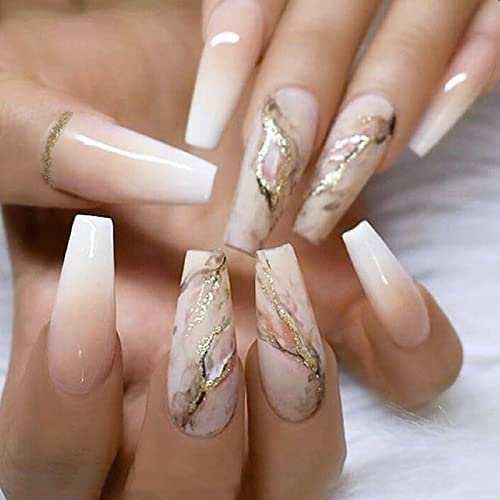 JUSTOTRY 24 Stück Coffin Marble Nägel Zum Aufkleben Lang, Gold Swirl French Künstliche Nägel, Ballerina Kunstnägel Press on Nails, Pretty Fingernägel Fake Nails Kurz für Frauen