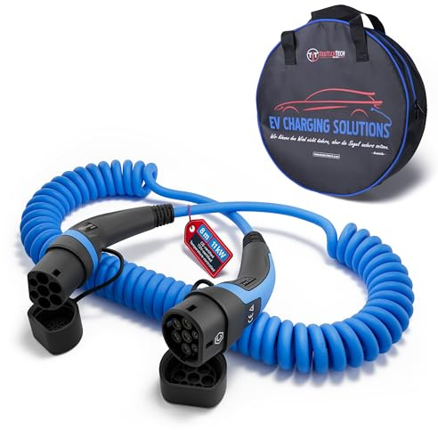 TEUTSCHTECH, EV Ladekabel Spiral I Blau I 8M I TYP2 auf TYP2 I 11kW I 3X16A I 3-phasig I Nutzbare Länge ca. 4,5M I Mit Lade- Temperaturüberwachung und Schutz vor Brand