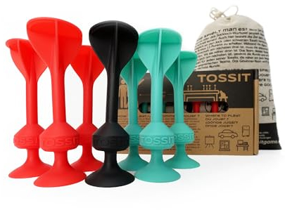 TOSSIT Spiel Saugnapf Darts, Indoor Outdoor Drinnen Draußen, Boccia, Petanque, Wurfspiel, Nachhaltig langlebig Silikon, Boden oder Wand, Starter Pack, Rot Cyan