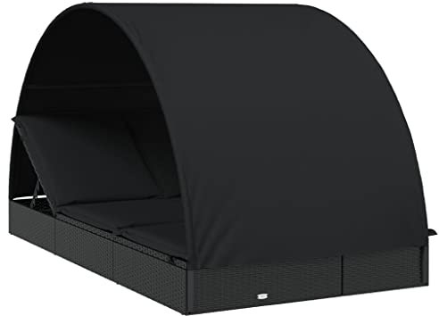Makastle 2er-Set Sonnenliege mit Runddach & Auflagen, Loungebett für 2 Personen, Sonnenbett Relaxliege Gartenliege Doppelliege Liegestuhl für Garten oder Balkon, 211x112x140 cm Poly Rattan
