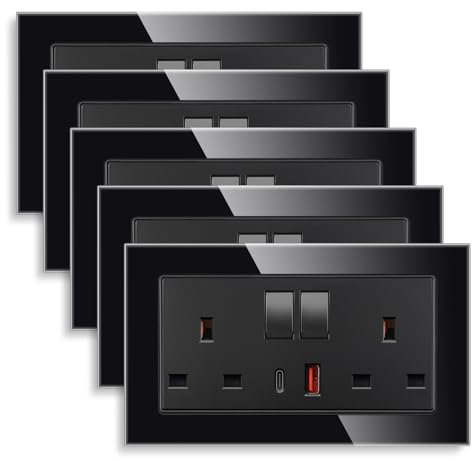 5 Pack CNBINGO USB Fast Charging with Glass Double Switched Socket, 20W Type-C (PD) and USB-A (QC) with Electric Power Socket, Black Tempered Glass Panel Wall Outlet