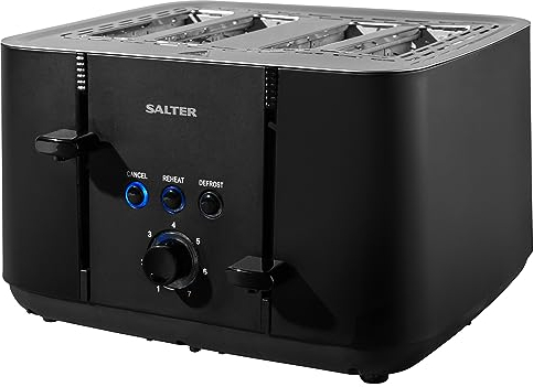 Salter EK5565MBLK Kuro 4-Slice Toaster - 7 Levels Of Variable Browning Control, Self Centering Bread Guides, Defrost, Reheat, Cancel Buttons, Anti-Jam Function, 1850W, Easy Clean Removable Crumb Tray