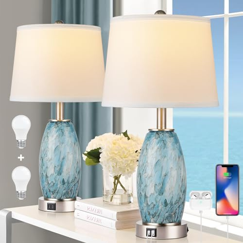 Lovlast Table Lamps Set of 2 with 3-Way Lighting Modes, USB & Type C Ports - Coastal Modern Style Glass Nightstand Lamps for Living Room & Bedroom Decoration (23.5 H)