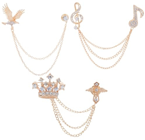 GORGECRAFT 3 pièces 3 styles de Broche à Longue Chaîne en Forme de Couronne en Strass Broche à Pompon en Or et Argent Épingles à Note de Musique en Cristal Épingles de Collier pour Collier de Chemise