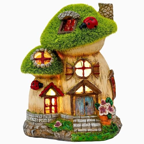 TERESA'S COLLECTIONS Gartendeko für Draußen, Feenhaus Gartendeko Solar,feengarten Pilz aus Kunstharz Wetterfest, mit Solarlampe, Grün, Terrasse Yard Balkon,Geschenke für Frauen/Mama/Papa,17cm