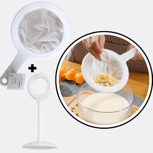 Sasha Square Küchensieb, ultrafeines Nylon-Netz, Filterlöffelsieb für Sojamilch, Kaffee, Milch, Joghurt, Saft, Enzyme, Honig, Wein, Reismilch, Tofu (200 Mesh + Stick)