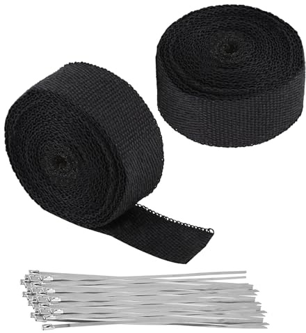 FAAING Lot de 2 Rubans Isolant Thermique en fibre de basalte, 5 m x 50 mm, Noir, 10 Attaches de Câble en Acier Inoxydable pour Tuyeau Collecteur Echappement Moto Bande Isolante Thermique