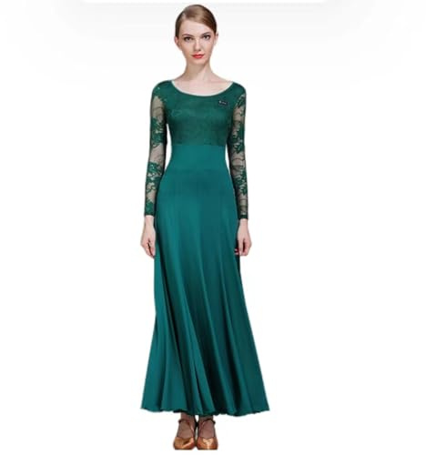 Vestidos De Baile De Salón para Mujer Vestido De Tango De Vals con Costura De Volantes Simples Traje De Baile De Tango Moderno De Manga Larga Falda De Ensayo Flamenco Foxtrot,Verde,XL
