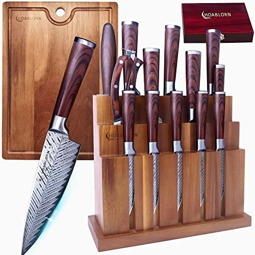 ChefHoablorn Set di coltelli Damasco 15PCS Set di coltelli da cucina con blocco Premium Chef coltello in acciaio inox, coltello da cucina giapponese, con Exrtra tagliere Vino cavatappi Set.