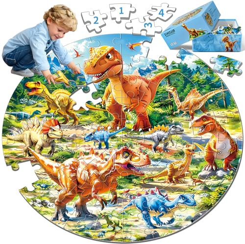 72-teiliges Rundpuzzle für Kinder im Alter von 4–6 Jahren, Dinosaurier Weltkarten-Bodenpuzzle für Kinder im Alter von 3–5 Jahren, Kinderpuzzle-Spielzeug für 5–8-Jährige (Dinosaurier, Einheitsgröße)