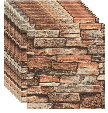 Carta da Parati 3D in Mattoni, 35x39cm Pannelli Finta Pietra Carta da Parati Adesiva Muro, moderna impermeabile adesivi murali per Cucina, Soggiorno, Camera da letto, Bagno (12 Pezzi, Roccia Rossa)