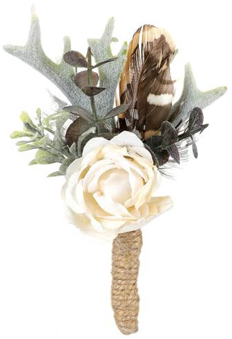 PartyforU Rosen-Boutonniere für Herren – Abschlussball-Boutonniere für Hochzeit, Feder, rustikale Ansteckblume für Bräutigam, Boho-Ansteckblume für Trauzeugen, Jahrestag, formelle Dinner-Party