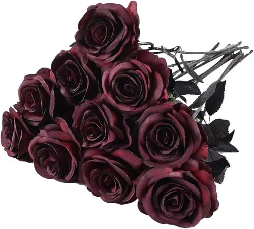 Macrak 10 Pcs Artificial Silk Roses Flowers Long Stem Fake Rose Flowers Bouquet for Home Wedding Party Centerpiece Decorations (Burgundy)