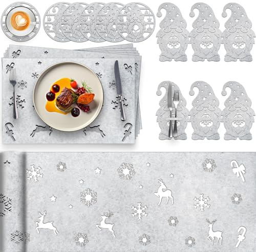 Kazaigou 19 Stück Tischdeko Weihnachten Platzset Weihnachten, Weihnachts Tischdeko Filz Tischläufer, Tischsets Weihnachts Tischläufer Platzdeckchen Untersetzer Tischset Filz für 6 Personen