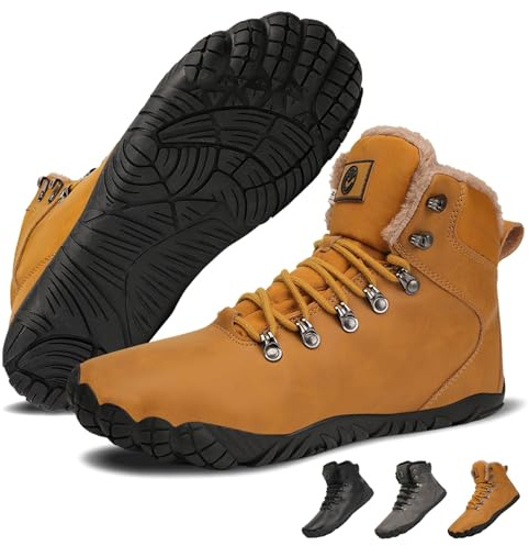 VEXITO Barfuss Schuhe Damen Winter Leder Barfußschuhe Herren Wasserdicht Wasserfest Winterstiefel Warm Gefüttert Stiefel Stiefeletten Winterboots Breit Kurzschaft Braun Gr.44