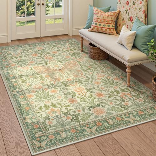 Collive Washable 6x9 Butterfly Area Rug, Boho Floral Rugs for Girls Room, Soft Non Slip Ultra Thin Insect Floor Carpet for Bedroom Living Room Playroom Nursery, Grass Green