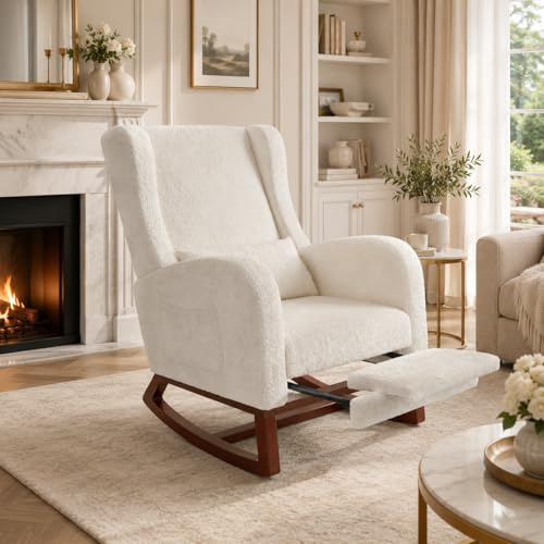 MIOOSUT Gungstol med fotstöd, gungstol avslappnande gungstol ländryggskudde gungstol med sidoficka och armstöd gungstol sovrum (herpa, off-white)