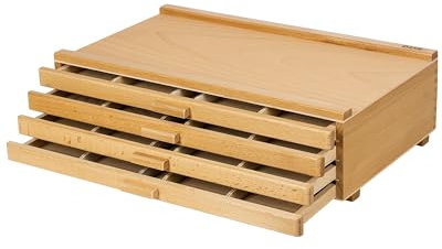 DJAR Basic - Scatola portaoggetti portatile con 4 cassetti, in legno di faggio di alta qualità, per pastelli, matite, penne, pennelli, francobolli, con divisori rimovibili, naturale