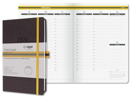 SIGEL L2603 Wochenkalender 2026 A5, vertikale Wochenansicht, Hardcover, dunkelgrau, gelb, englisch-sprachiges Kalendarium, 176 Seiten, FSC-zertifiziert, Kalenderbuch Terminplaner Linescape