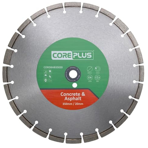 CorePlus Concrete & Asphalt Diamond Blade 350mm x 20mm Bore – Abrasive Blade for Concrete, Gritstone, Breeze Blocks & Hard Materials, EN 13236 Quality Standard
