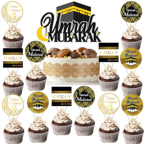 Umrah Mubarak Dekoration Ramadan Dekorationen – 13 Stück Eid Dekorationen einschließlich Umrah Mubarak Cupcake Toppers Cake Topper für Ramadan Mubarak Muslim Eid Party Supplies