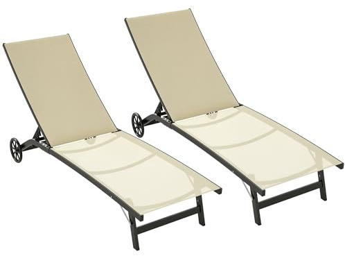 Outsunny 2er-Set Sonnenliegen Liegestuhl Liegestuhl verstellbar aus Aluminium und Textilene mit Rollen Rückenlehne mehrfach verstellbar max. 150 Kg Belastung Khaki