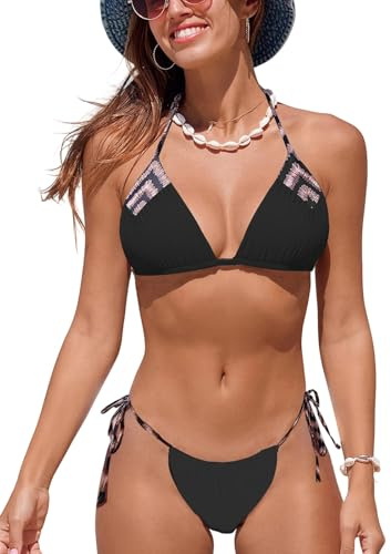 NLAND Costume Donna Due Pezzi Stampate Triangolo Lace-up Bikini Set con Coulisse Laterale Brasiliana Regolabile Costume da Bagno,Nero M