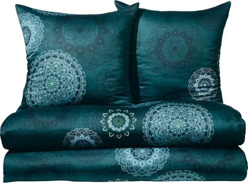 Erwin Müller Bettwäsche Sparpaket 4-TLG. Mako-Satin Mandala Petrol Größe 80x80 cm / 135x200 cm - feinfädig, temperaturausgleichend, atmungsaktiv, 100% Baumwolle, mit Reißverschluss