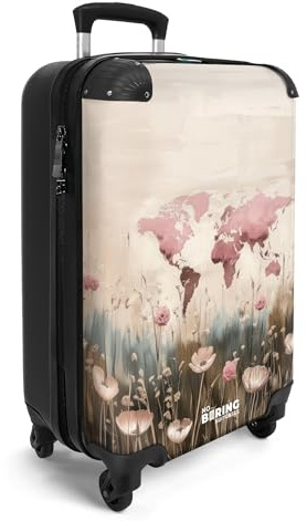 NoBoringSuitcases© Handgepäck Koffer Trolley Reisekoffer Handgepäck-Koffer | 55x35x20 cm - 4 Rollen Leicht Carry on Luggage Hartschalenkoffer Weltkarte - Rosa - Blumen