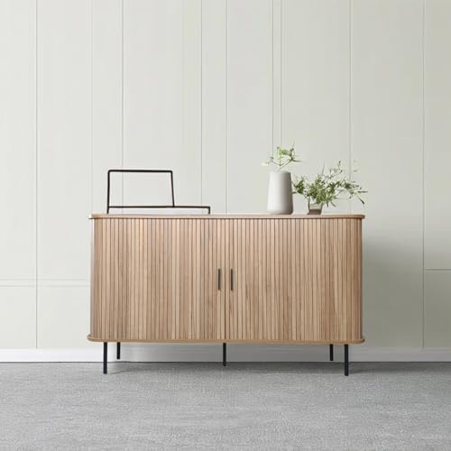 CONCEPT USINE Buffet Semarang Bois Cannelé 140 cm Portes Coulissantes | 4 compartiments, ouverture fluide, veinage naturel, pieds métal noir