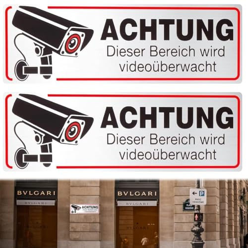 2 Piezas Cartel Videovigilancia de Aluminio - 12x4 cm Cartel Zona Videovigilada - Con pegatinas autoadhesivas Patrones llamativos - Robustas y duraderas