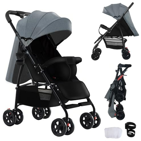 MoLi Ultraleichter Kinderwagen mit nur 4,6 kg, Buggy für Babys bis 15 kg, Reisebuggy mit Verstellbarer Liegeposition, Kompakter, Tragbarer, Zusammenklappbarer Kinderbuggy mit Zubehör (A8 Grey)
