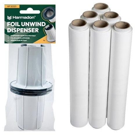 Harmadon Stretchfolie mit Abroller Satz - Set mit 6 Stück Weiß Verpackungsfolie und Stretch Folie Abroller - Verpackungsmaterial 50cm x 110m - Verpackungsset - Wickelfolie mit Gleithülse