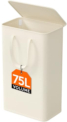 Lifewit Cesto Ropa Sucia Estrecho con Tapa, Cesta Ropa Sucia con Asas Extendidas, Cesta de Almacenamiento, Cubo Ropa Sucia Pequeño Plegable para Baño, Dormitorio, Lavadero, 75 L, Blanco