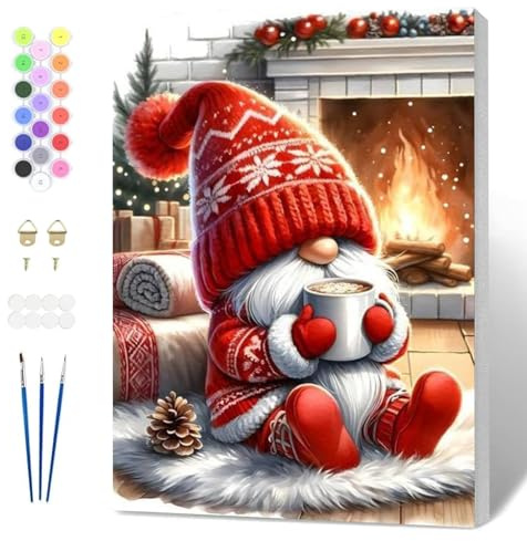 Fumupe Peinture Numero Noël Adulte avec Cadre, Peinture par Numero Gnome, Peinture Acrylique Numéro d'art avec 3 Pinceaux, Loisirs Créatifs Adultes Activité Manuelle Décoration de Noël, 20x30cm