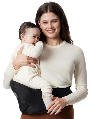 Momcozy CPC-Certified Baby Hip Carrier - Adjustable Waistband with Original 3D Belly Protector, Ergonomic Carrier with Various Pockets for Newborns & Toddlers up to 45lbs (Black, Medium)
