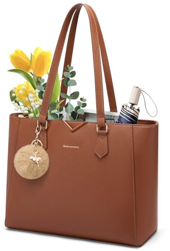 RAINSMORE Handtasche Damen Groß Shopper Tasche Damen PU Leder Laptoptasche Damen Wasserdichte Arbeitstasche Tote Bag mit Reißverschluss Abnehmbarem Pompon für Business Büro Braun