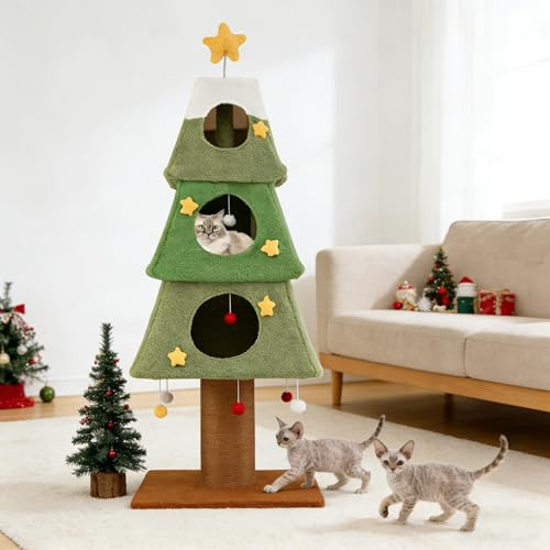 GYMAX 162 cm Árbol de Navidad para Gatos, Torre Navideña con Estrella Superior, 3 Condominios, Postes Rascadores de Sisal, Bolas Colgantes, Mueble de 3 Niveles para Gatitos de Interior (Estilo 4)