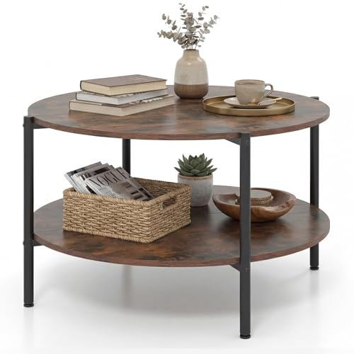 COSTWAY 85cm Round Coffee Table with Storage Shelf, 2-Tier Industrial Cocktail Center Table, Metal Frame Wooden Circle Accent Sofa Side Tea Tables for Living Room, Bedroom and Office (Rustic Brown)