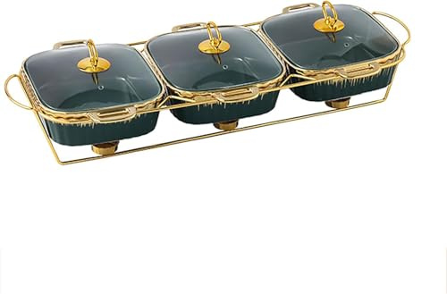 Commercial Round Chafing Dish 3 Pcs, Ceramic Dry Pot Food Warmer Set, Rectangular Buffet Chafing Dish Cookware With Lid, Wedding Hotel Catering Equipment Blue