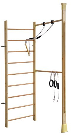 KletterDschungel Holz Sprossenwand Indoor Sportgerät mit Reck (240 x 83 cm mit 9 Sprossen + individuelle Stütze im Raum)