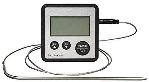 KitchenCraft Termómetro de Sonda con Temporizador Digital de Acero Inoxidable, 8 x 8 x 2 cm