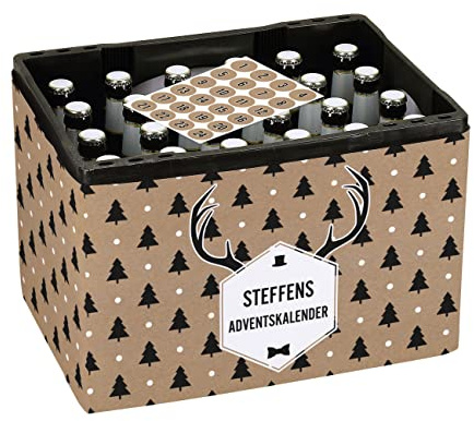Herz & Heim® Ultimativer Männer Adventskalender - DIY - Banderole für Bierkasten und 24 Aufkleber für Kronkorken Braun