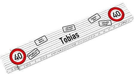 Cera & Toys® Zollstock zum Geburtstag mit kostenlosen Namensaufdruck im Verkehrszeichen-Look mit Einrastung bei 90° 40. Geburtstag