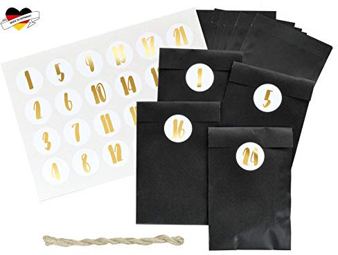 renna deluxe ADVENTSKALENDER zum Befüllen, GOLD metallic, Papiertüten in SCHWARZ, Zahlenaufkleber Handlettering, DIY Set modern, stilvoll für Männer, Hygge vintage scandi Stil | Made in Deutschland