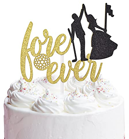 Love Ever Cake Topper for Golf Theme Wedding Party Decorations, Golf Wedding Cake Decor, Bride and Groom Cake Topper (Double-sided Gold Glitter)