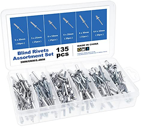 Gueenky 135 Pezzi Rivetti in Alluminio, 5/6/6,4 mm Rivetti pop Rivetti Ciechi, 6 Dimensioni Set di Rivetti a Strappo per Metallo Legno Plastica, con Scatola di Immagazzinaggio