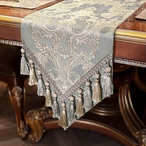 TOPLUXE Tischläufer mit Quasten, Jacquard Tischdecke für Esstisch Urlaub Party Wohnzimmer Dekoration (33x228cm, Hellgrau)
