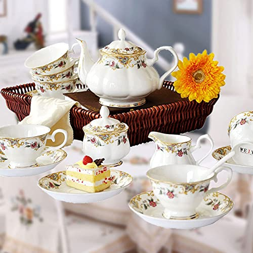 SFDPDM Set da tè in Porcellana per La Casa Donna tè, Tazza da tè Vintage per Feste con Piattino da 6 Inglesi, Servizio da tè Pomeridiano con Teiera Zuccheriera e Brocca di Panna