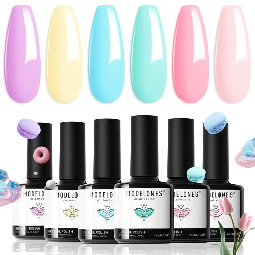 modelones UV Nagellack Pastell Gellack Set, 6 Farben Makrone Süss Süßigkeiten Gelnägel Rosa Lila blau Gel Nagellack UV Gel Nail Polish Soak Off LED Nagelkunst Maniküre Geschenke für Frauen DIY Salon